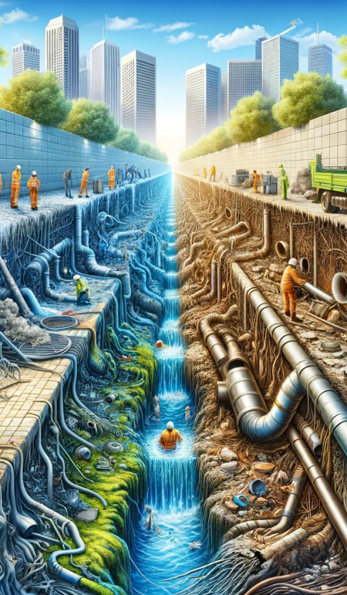 DALL·E 2023-12-08 12.44.13 - An artistic representation of the contrast between a well-maintained and a neglected sewer system. The image showcases a vibrant, clean, and efficient